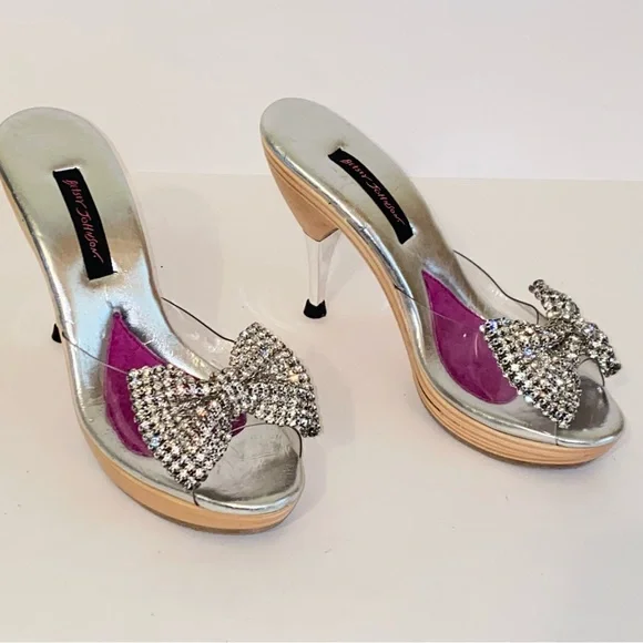 Vintage Betsey Johnson Polly Mules Rhinestone Bow Wood Heel Pin Up - Picture 13 of 14